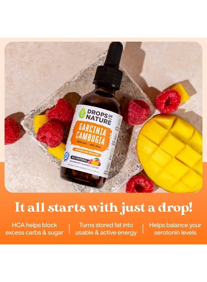 Drops of Nature جارسينيا كامبوغيا - مثبط للشهية لإنقاص الوزن - أقوى من الحبوب والكبسولات (60% HCA) مكمل سائل مركّز للغاية 4 مرات - مانع للكربوهيدرات - 2 أونصة سائلة من التوت البري والمانجو الطبيعي - Image 4