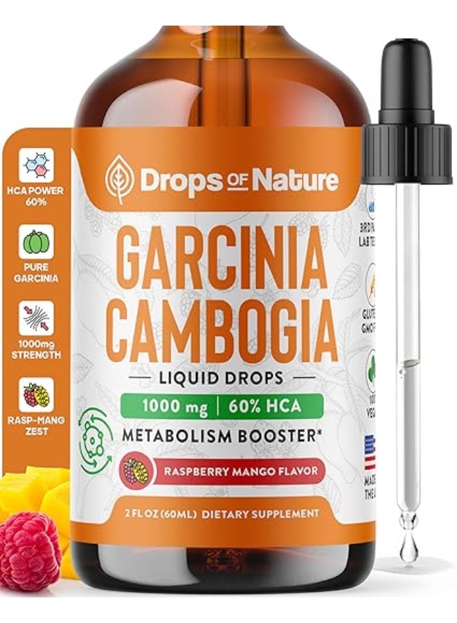 Drops of Nature جارسينيا كامبوغيا - مثبط للشهية لإنقاص الوزن - أقوى من الحبوب والكبسولات (60% HCA) مكمل سائل مركّز للغاية 4 مرات - مانع للكربوهيدرات - 2 أونصة سائلة من التوت البري والمانجو الطبيعي - Image 1