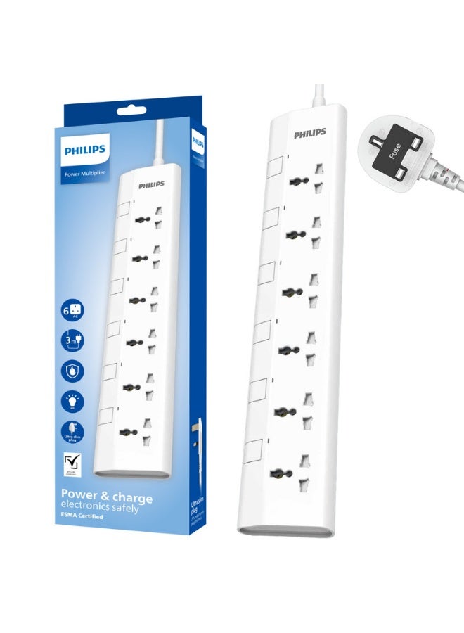 6-Way Universal Power Extension Cord with Individual Switches,( 3m) Heavy-Duty 3x1mm² Cable, 2500W Overload & 750°C Fire-Resistant Protection, 10A Fuse, ESMA Certified Safety Standard, UK Plug – Ideal for Home & Office – White 6-Way Power Extension 3M- White