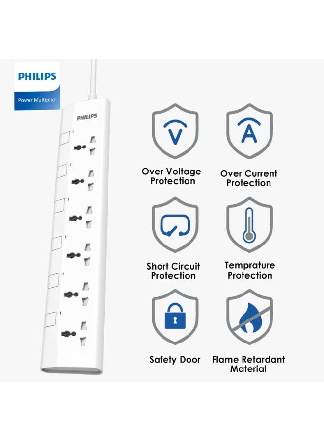 Philips 6-Way Universal Power Extension Cord with Individual Switches,( 3m) Heavy-Duty 3x1mm² Cable, 2500W Overload & 750°C Fire-Resistant Protection, 10A Fuse, ESMA Certified Safety Standard, UK Plug – Ideal for Home & Office – White 6-Way Power Extension 3M- White - Image 3