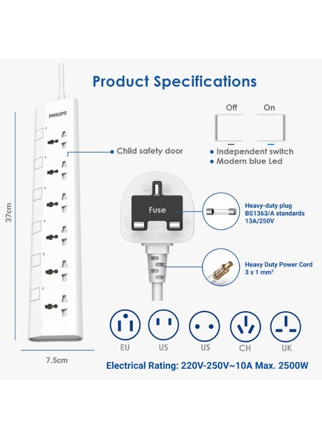 Philips 6-Way Universal Power Extension Cord with Individual Switches,( 3m) Heavy-Duty 3x1mm² Cable, 2500W Overload & 750°C Fire-Resistant Protection, 10A Fuse, ESMA Certified Safety Standard, UK Plug – Ideal for Home & Office – White 6-Way Power Extension 3M- White - Image 4