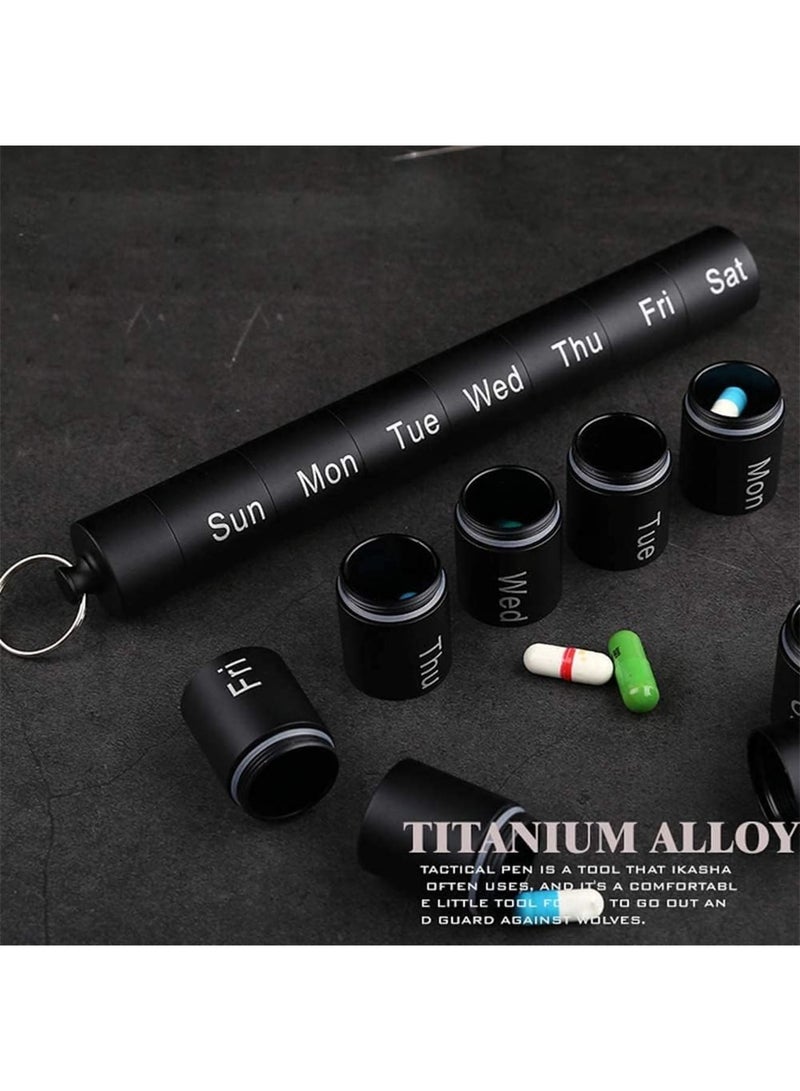 SOLARAE Pill Box Waterproof Aluminum Metal Pill Box Case Organizer - Outdoor Pill Bottle Key Ring Small Aid Pill Holder Pill Container for Daily Camping Travel Daily Travel, 7 Day Pill Box Case - Image 4