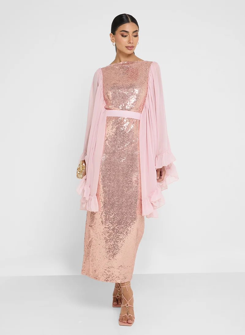 Golden Apple Belted Sequin Midi Dress