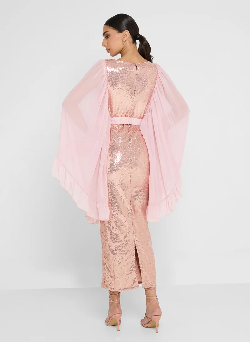 Golden Apple Belted Sequin Midi Dress