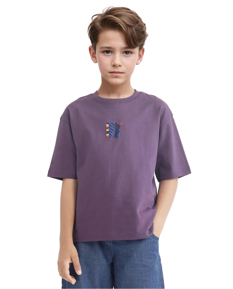 Rare Ones Rare Ones Kids Bjorn-K Dark Purple Cotton Half Sleeve Slip-On Printed Boxy Fit T-Shirt