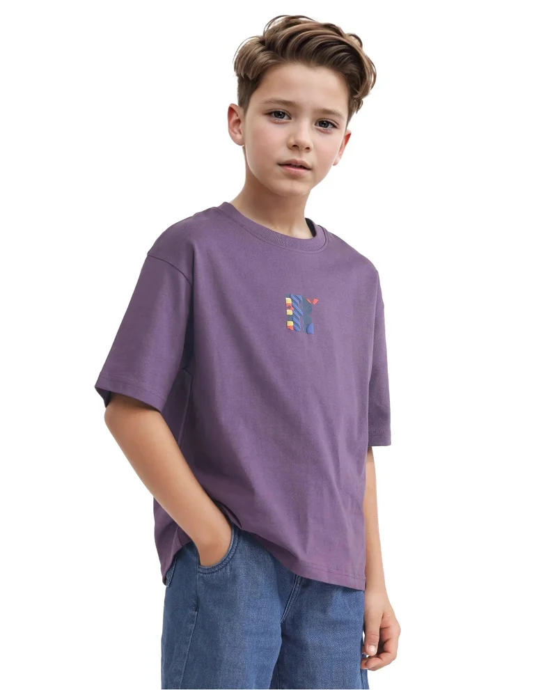 Rare Ones Rare Ones Kids Bjorn-K Dark Purple Cotton Half Sleeve Slip-On Printed Boxy Fit T-Shirt