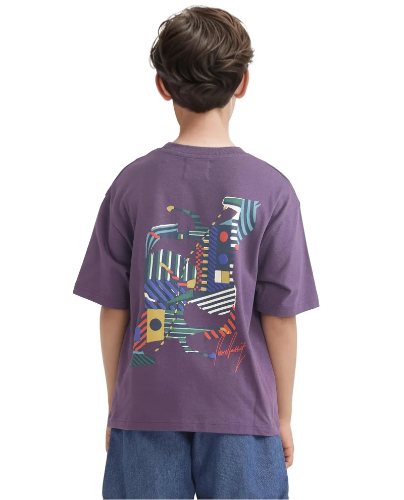 Rare Ones Rare Ones Kids Bjorn-K Dark Purple Cotton Half Sleeve Slip-On Printed Boxy Fit T-Shirt