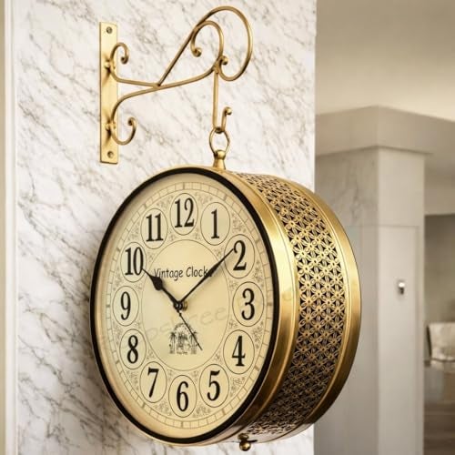 Vintage Clock Double Side Clock/Brass Colour 8 Inch (20 CM's) / 1 Year Warranty - Image 1