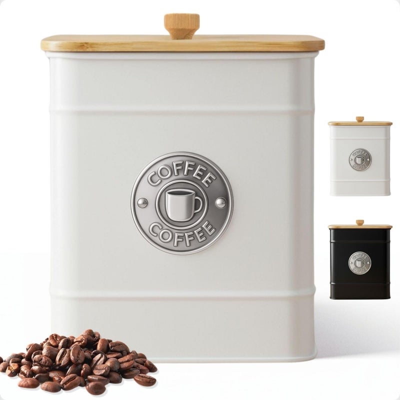 HB Design Co. Airtight Coffee Canister - 40 oz Large Iron White Coffee Container Airtight - 6 x 8 inch Metal Jar - Stylish Countertop Container for Grounds, Beans, Pods & More with Rubber-Lined Bamboo Lid - Image 1