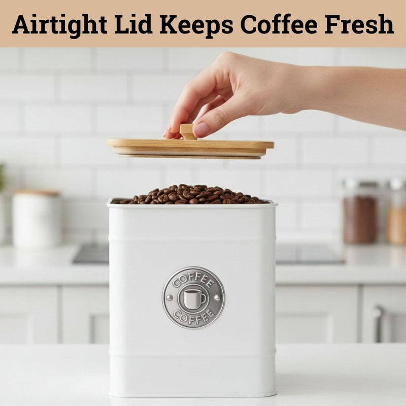 HB Design Co. Airtight Coffee Canister - 40 oz Large Iron White Coffee Container Airtight - 6 x 8 inch Metal Jar - Stylish Countertop Container for Grounds, Beans, Pods & More with Rubber-Lined Bamboo Lid - Image 4