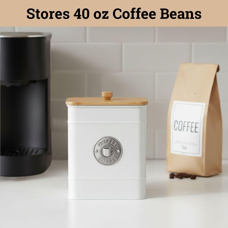 HB Design Co. Airtight Coffee Canister - 40 oz Large Iron White Coffee Container Airtight - 6 x 8 inch Metal Jar - Stylish Countertop Container for Grounds, Beans, Pods & More with Rubber-Lined Bamboo Lid - Image 3