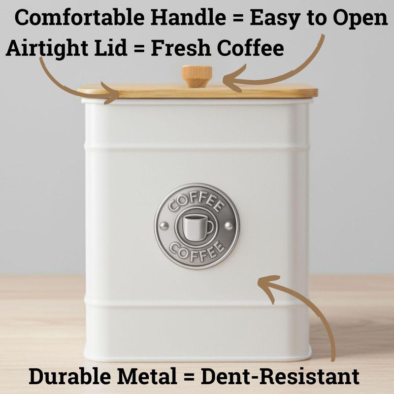 HB Design Co. Airtight Coffee Canister - 40 oz Large Iron White Coffee Container Airtight - 6 x 8 inch Metal Jar - Stylish Countertop Container for Grounds, Beans, Pods & More with Rubber-Lined Bamboo Lid - Image 2