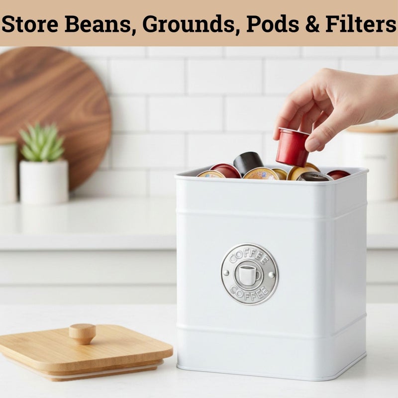 HB Design Co. Airtight Coffee Canister - 40 oz Large Iron White Coffee Container Airtight - 6 x 8 inch Metal Jar - Stylish Countertop Container for Grounds, Beans, Pods & More with Rubber-Lined Bamboo Lid - Image 5
