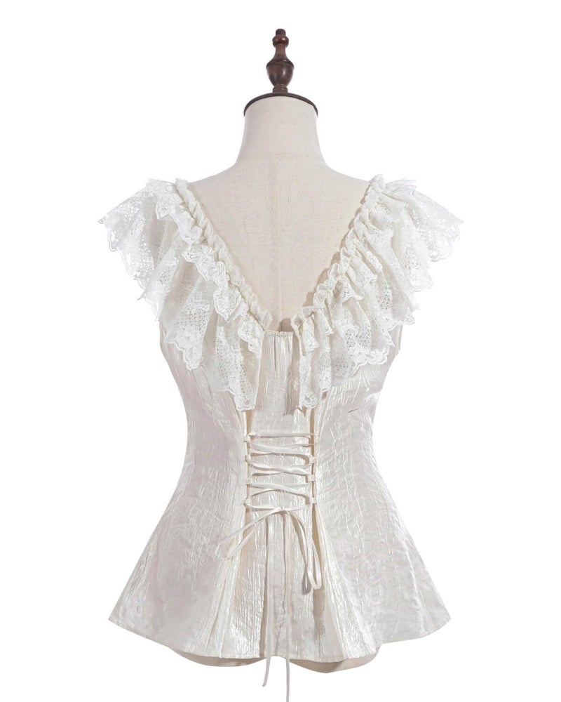 Nuoqi Victorian Blouse for Women Lace Up Edwardian Blouse Summer Renaissance Pirate Shirt Top XXL Cream White - Image 3