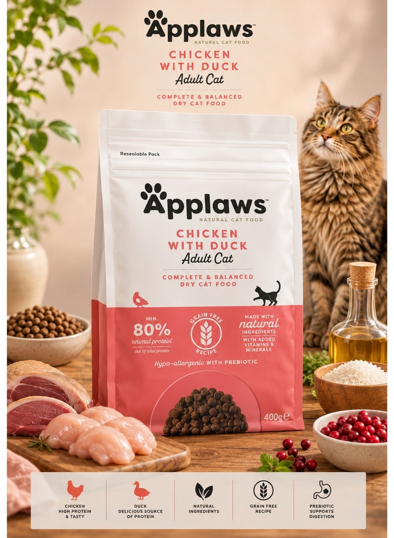 Chicken with Duck Adult Cat Dry Food 400g – Complete & Balanced Grain-Free Natural Cat Food with 80% Animal Protein, Prebiotics, Vitamins, and Minerals for Adult Cats
