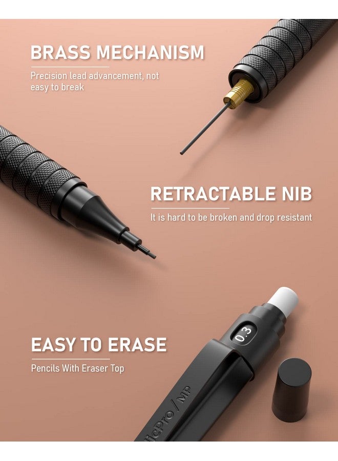 Nicpro Nicpro 20PCS Black Metal Mechanical Pencil Set in Leather Case, Drafting Pencil 0.3, 0.5, 0.7, 0.9 mm & 2mm Lead Holders, 9 Tube (4B 2B HB 2H Colors) Lead Refills, Erasers For Art Sketching Drawing - Image 3