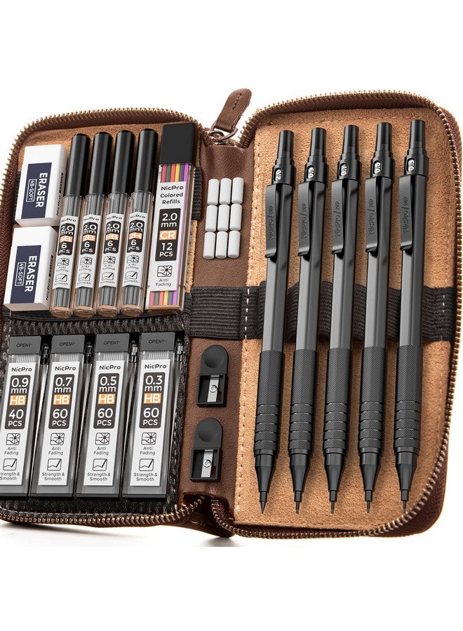 Nicpro Nicpro 20PCS Black Metal Mechanical Pencil Set in Leather Case, Drafting Pencil 0.3, 0.5, 0.7, 0.9 mm & 2mm Lead Holders, 9 Tube (4B 2B HB 2H Colors) Lead Refills, Erasers For Art Sketching Drawing - Image 1