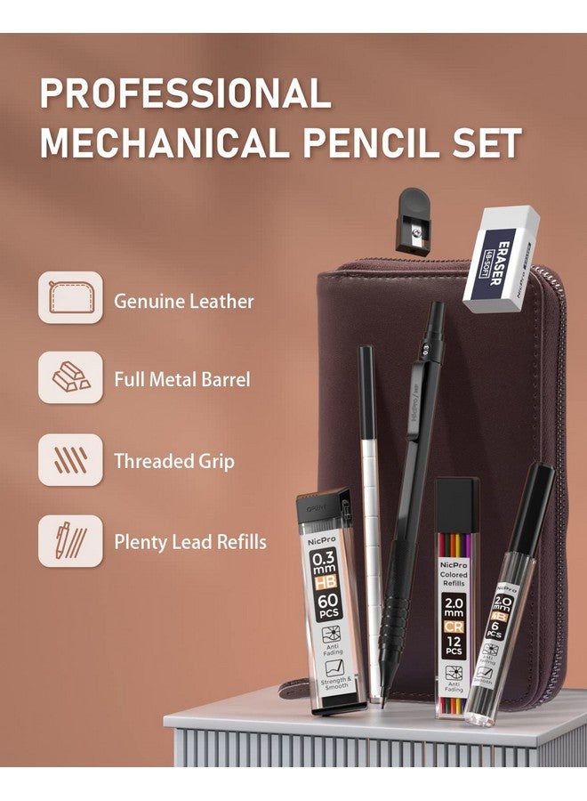 Nicpro Nicpro 20PCS Black Metal Mechanical Pencil Set in Leather Case, Drafting Pencil 0.3, 0.5, 0.7, 0.9 mm & 2mm Lead Holders, 9 Tube (4B 2B HB 2H Colors) Lead Refills, Erasers For Art Sketching Drawing - Image 2
