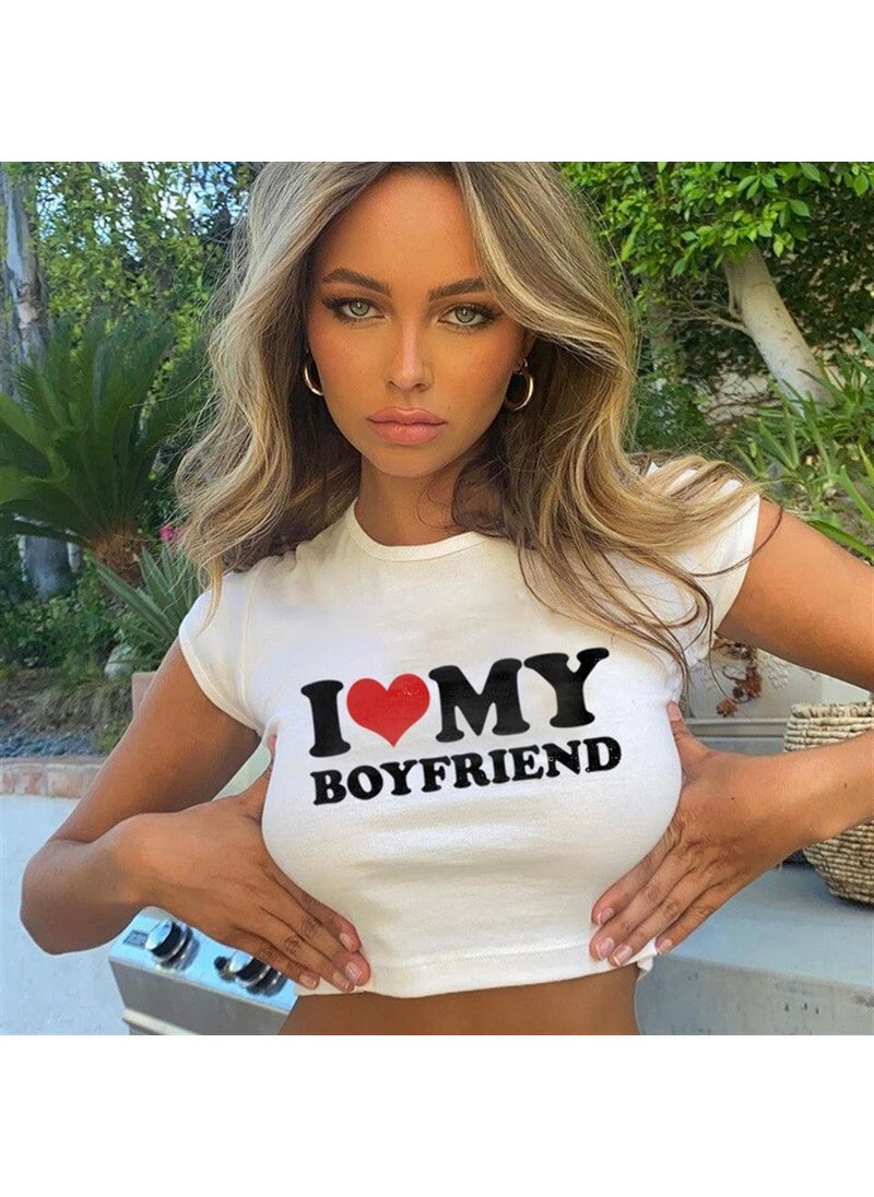 TouzModa - I Love My Boyfriend Printed White Crop - Image 1
