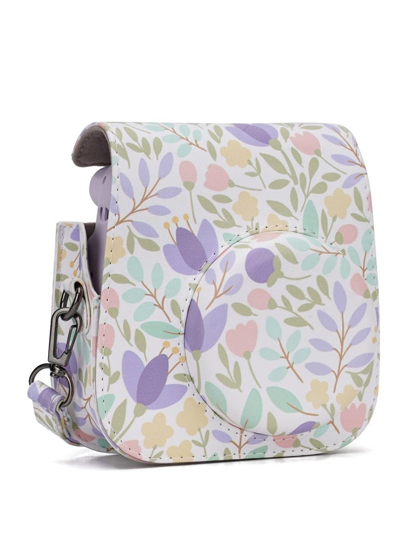 KASTWAVE Camera Bag Compatible with Fujifilm Instax Mini 11 Instant Camera Protective Bag Vintage Floral Pu Leather Camera Organizer with Shoulder Strap Purple Floral Camera Bag - Image 2