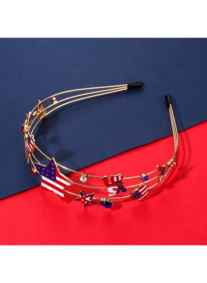 HSWE 4th of July Patriotic Headband Hat USA Letter Hairband Crystal Red White Blue Independence Day American Flag Star Headpiece - Image 4