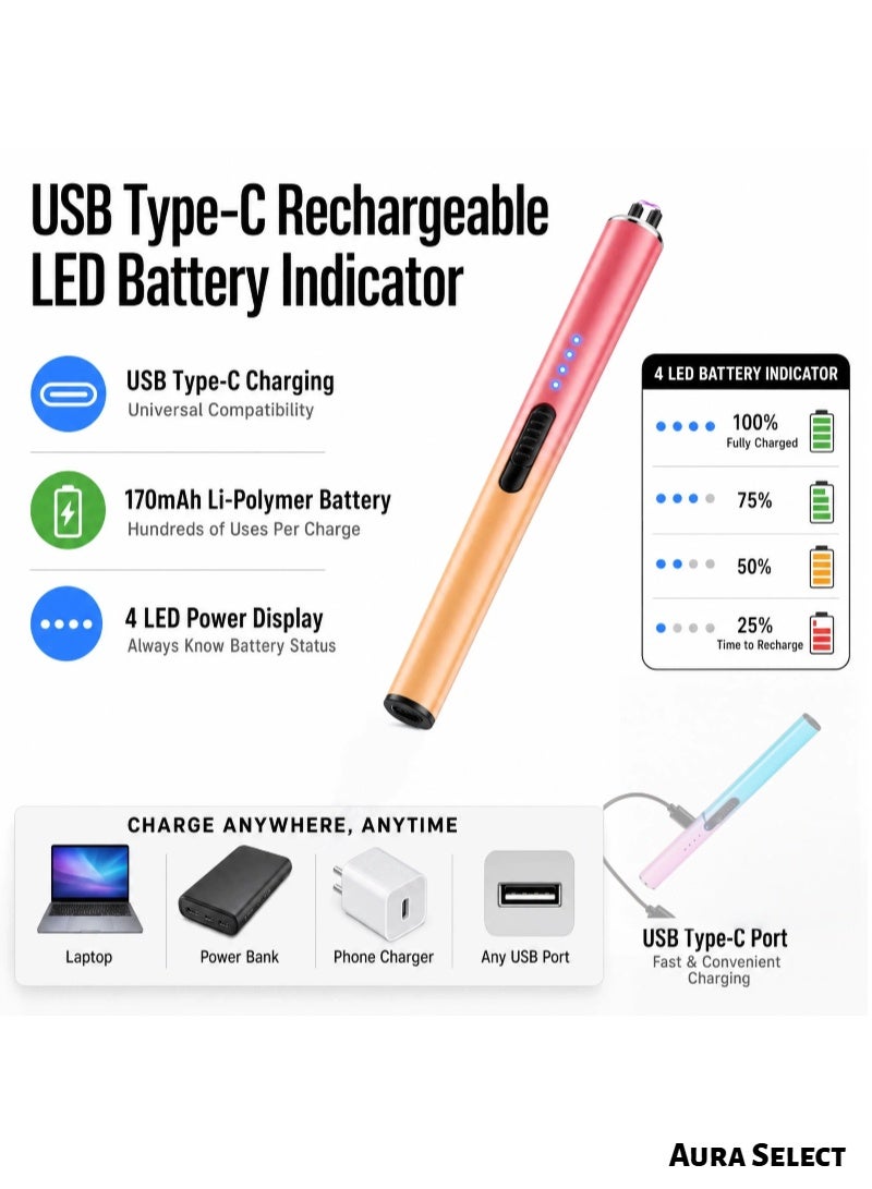  أورا سيليكت ولاعة كهربائية تعمل بقوس الشمعة، قابلة لإعادة الشحن عبر USB، بتصميم بلا لهب يعتمد على البلازما ومقاوم للرياح، لا تحتاج إلى وقود للاشتعال، مزودة ببطارية ليثيوم بوليمر سعة 170 مللي أمبير في الساعة، مع شاشة LED لعرض مستوى شحن البطارية، لون وردي - Image 3