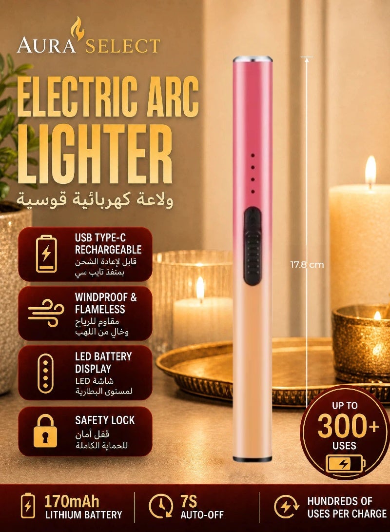  أورا سيليكت ولاعة كهربائية تعمل بقوس الشمعة، قابلة لإعادة الشحن عبر USB، بتصميم بلا لهب يعتمد على البلازما ومقاوم للرياح، لا تحتاج إلى وقود للاشتعال، مزودة ببطارية ليثيوم بوليمر سعة 170 مللي أمبير في الساعة، مع شاشة LED لعرض مستوى شحن البطارية، لون وردي - Image 1