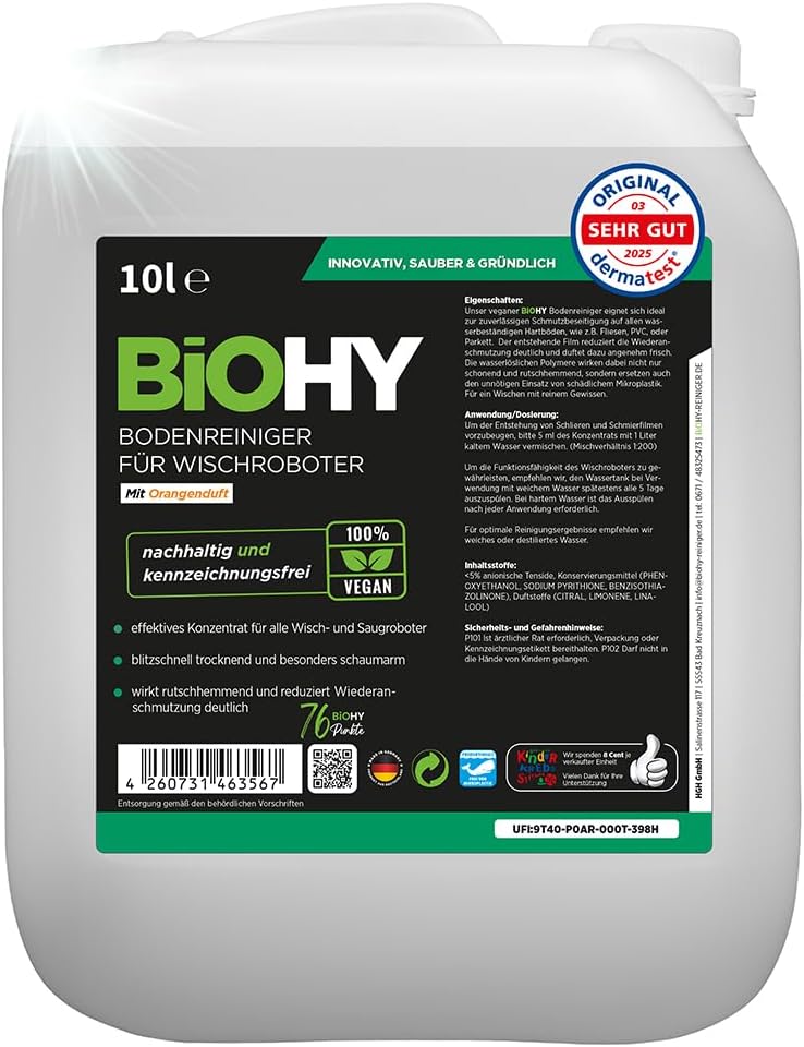 BIOHY منظف أرضيات BiOHY لروبوتات المسح برائحة البرتقال (عبوة 10 لتر) | مركز عامل تنظيف لجميع روبوتات تنظيف الأرضيات | خالٍ من الرغوة والبقع | مركز مستدام بنسبة 1:200 ألوان متنوعة - Image 1