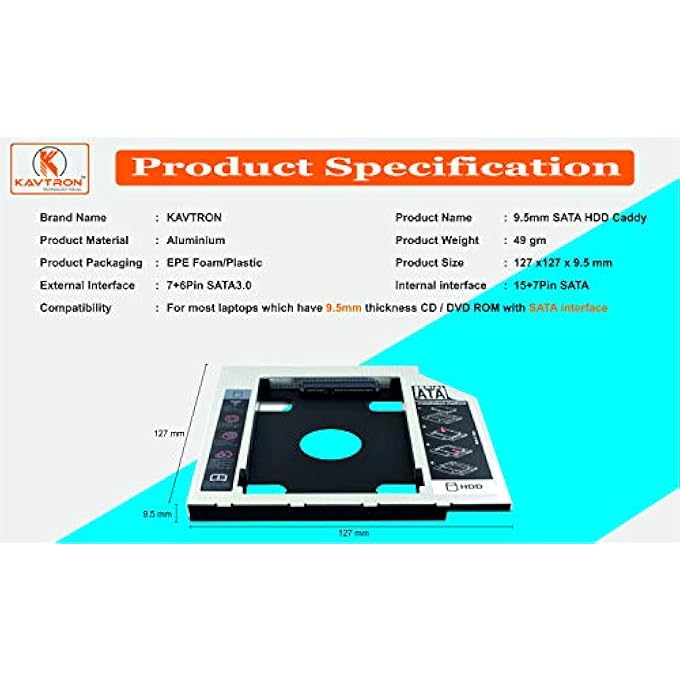 KAVTRON UNIVERSAL SATA BAY 2ND HARD DISK DRIVE CADDY 9.5MM FOR CD/DVD DRIVE SLOT COMPATIBLE WITH DELL, HP, LENOVO THINKPAD, ACER GATEWAY, ASUS, SONY, SAMSUNG, MSI, LAPTOP (ADD HDD/SSD TO YOUR LAPTOP) - Image 2