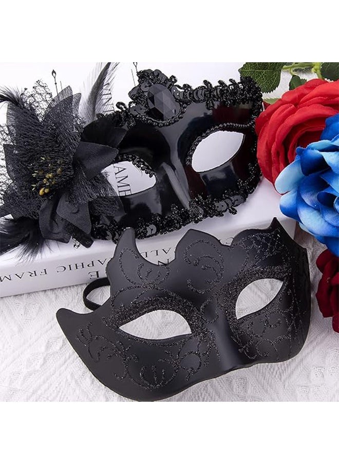 2 Pcs Couple Masquerade Mask Set Venetian Party Mask Costume Mask Fancy Dress Mask for Women Men (Black) - Image 4