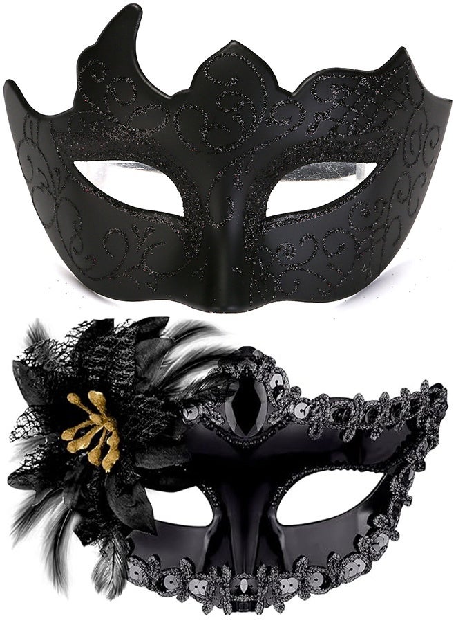 2 Pcs Couple Masquerade Mask Set Venetian Party Mask Costume Mask Fancy Dress Mask for Women Men (Black) - Image 1