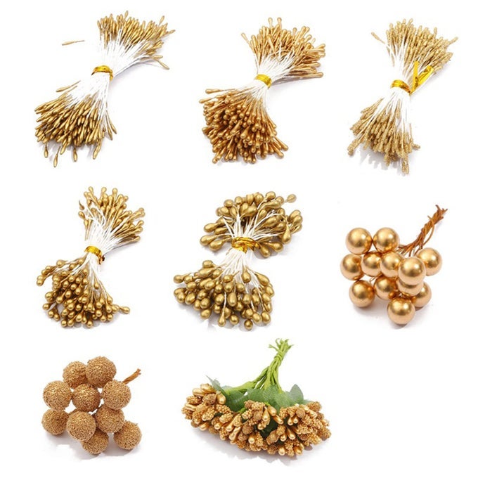 8 STYLE FLOWER STAMEN PISTIL ARTIFICIAL GOLD FLOWER STAMEN FAKE BERRIES STAMEN PISTIL FOR DIY SCRAPBOOK HOME DECORATION GOLD