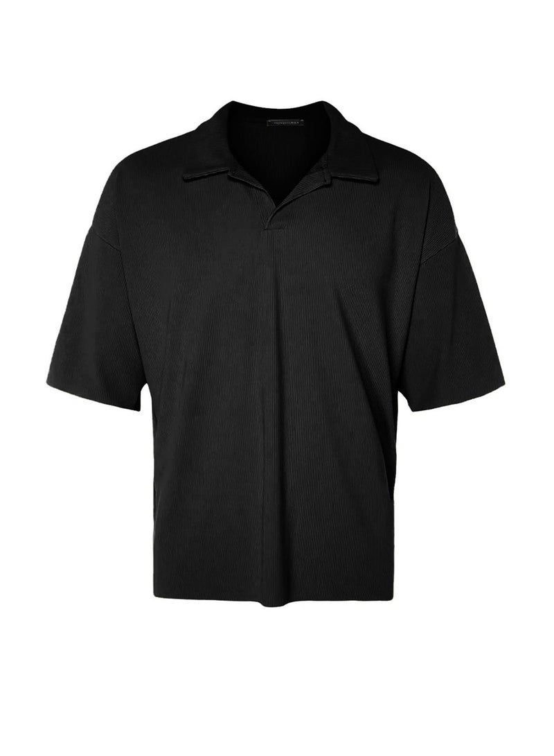 trendyol Black Oversize Textured Wrinkle-Free Ottoman Polo Collar T-Shirt - Image 5