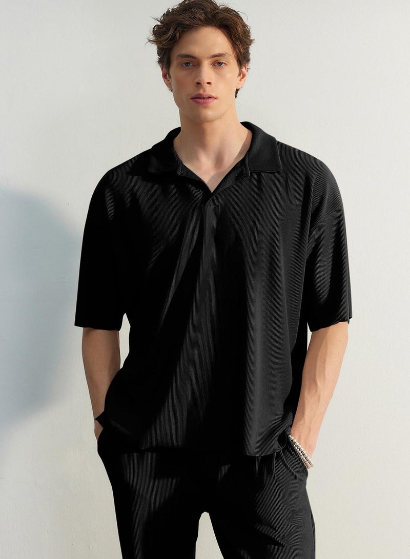 trendyol Black Oversize Textured Wrinkle-Free Ottoman Polo Collar T-Shirt - Image 1