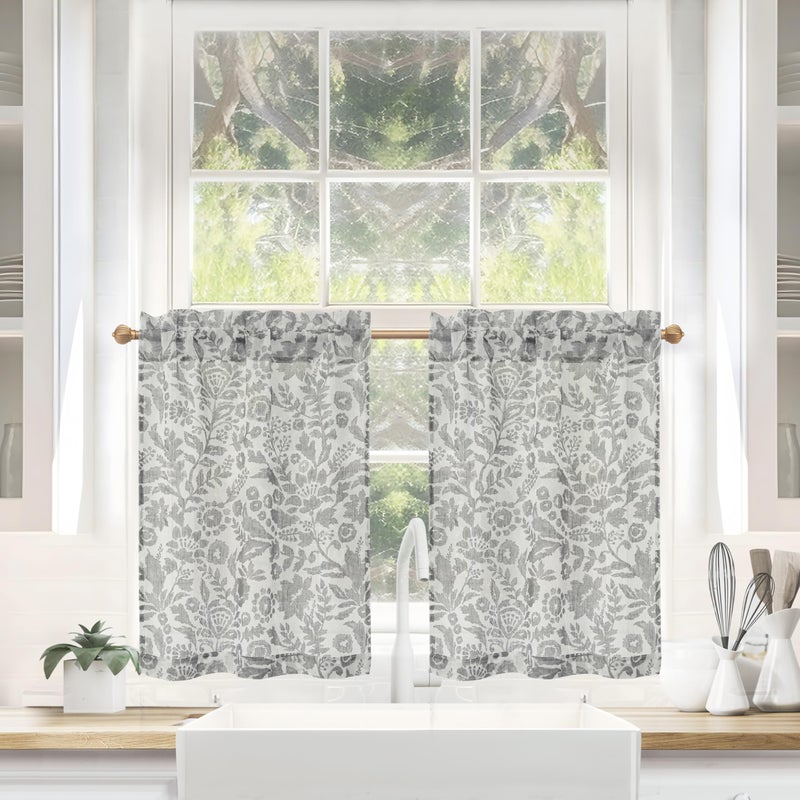 DriftAway Kitchen Curtain Floral Tier Linen Short Watercolor Flower Patterned Cafe Curtains 36 Inch Length for Living Room Bathroom Julia Farmhouse Rustic Drapes Rod Pocket 2 Panels Gray - Image 1