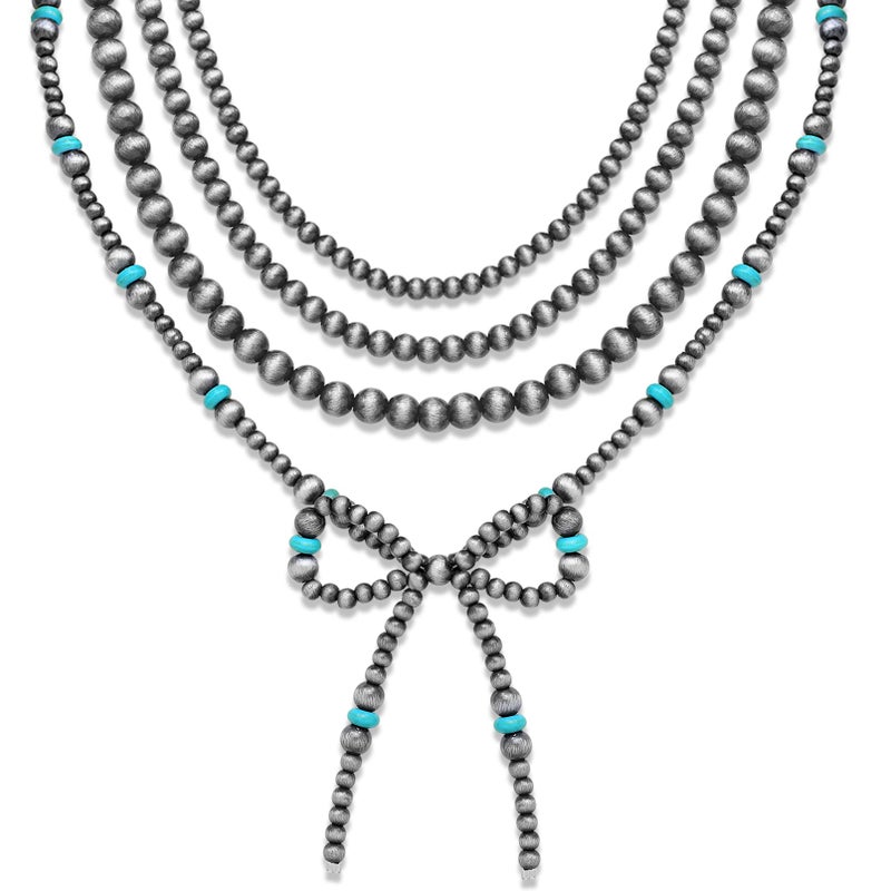 RechicGu 4pcs Western Navajo Pearl Stackble Necklace Jewelry For Women Beaded Chain Bow Pendant Boho Handmade Long Layered Country Concert Necklace Set,Silver and Turquoise Bead - Image 1
