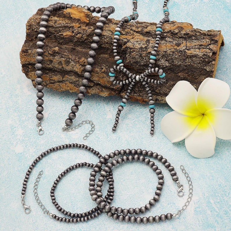 RechicGu 4pcs Western Navajo Pearl Stackble Necklace Jewelry For Women Beaded Chain Bow Pendant Boho Handmade Long Layered Country Concert Necklace Set,Silver and Turquoise Bead - Image 5