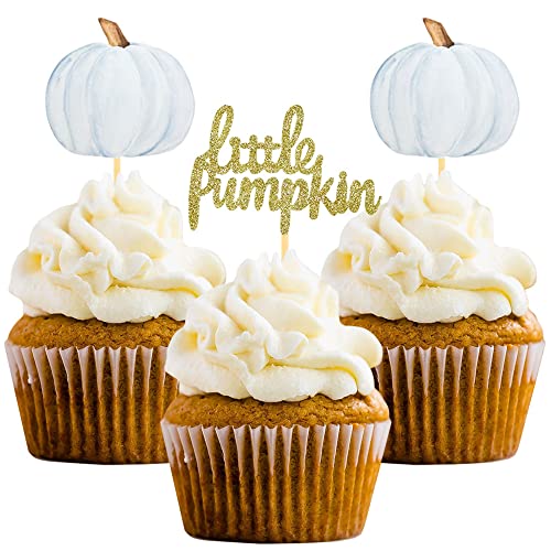 Aukolass Little Pumpkin Cupcake Toppers Thanksgiving Birthday Baby Shower Fall Theme Party Decorations Gender Reveal Supplies Set of 24 blue - Image 1