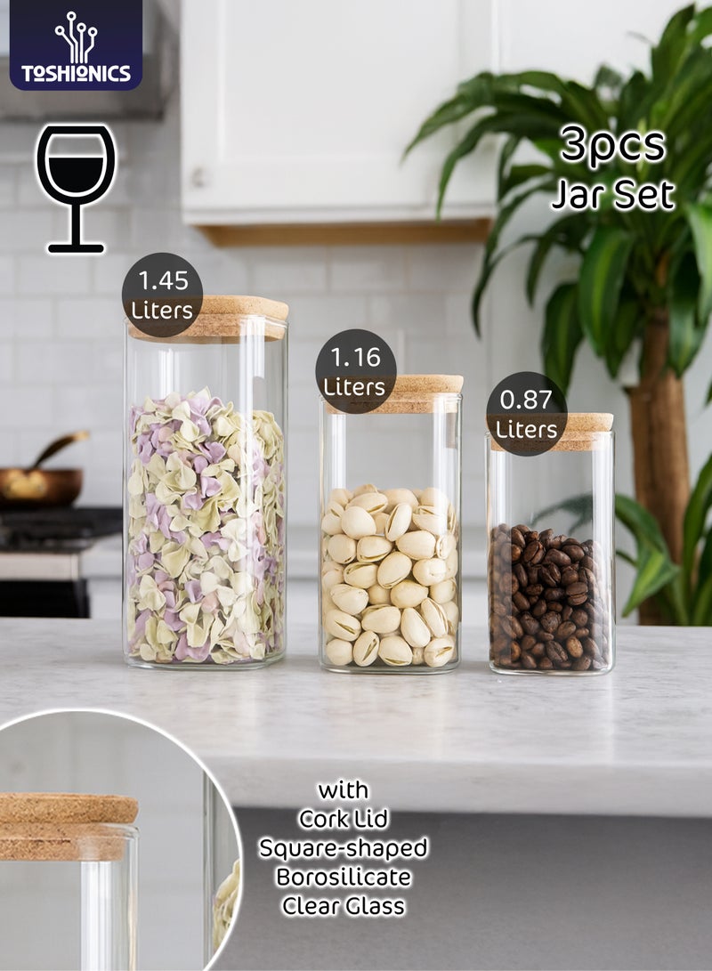 توشيونيكس طقم حاويات تخزين زجاجية من 3 قطع T114690 | برطمانات زجاجية شفافة من زجاج البوروسيليكات مع غطاء من الفلين لتخزين المطبخ والمؤن - Image 1