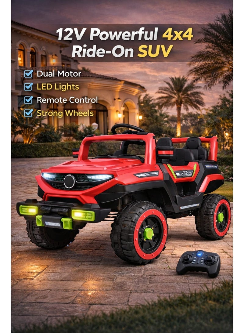 سيارة أطفال كهربائية SUV 12 فولت بالتحكم عن بعد، أضواء LED، موسيقى وUSB، بطارية قابلة لإعادة الشحن، عجلات قوية للطرق الوعرة، لون أحمر - Image 2