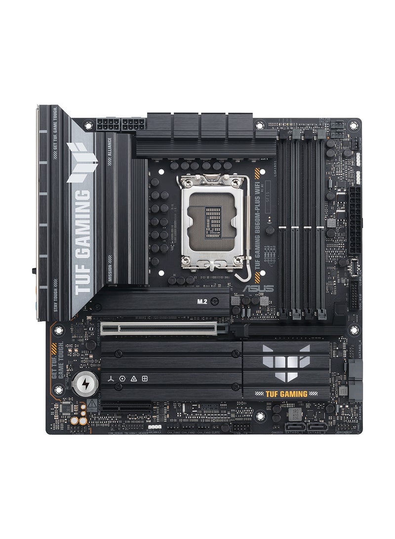 ASUS TUF Gaming B860M-PLUS Wi-Fi Motherboard, Intel B860 Chipset, Supports Intel Core Ultra Processors (LGA1851), 4 x DIMM DDR5 up to 256GB (8800+ MT/s OC), PCIe 5.0 x16, PCIe 4.0 x4, 3 x M.2 Slots (PCIe 5.0 x4, PCIe 4.0 x4), 4 x SATA 6Gb/s, 2.5Gb Ethernet, Wi-Fi 7 (802.11be), Bluetooth 5.4, USB 20Gbps Type-C, 4K DisplayPort & HDMI, Realtek 7.1 Audio, Aura Sync, mATX Form Factor | 90MB1JV0-M0EAY0 Black - Image 1