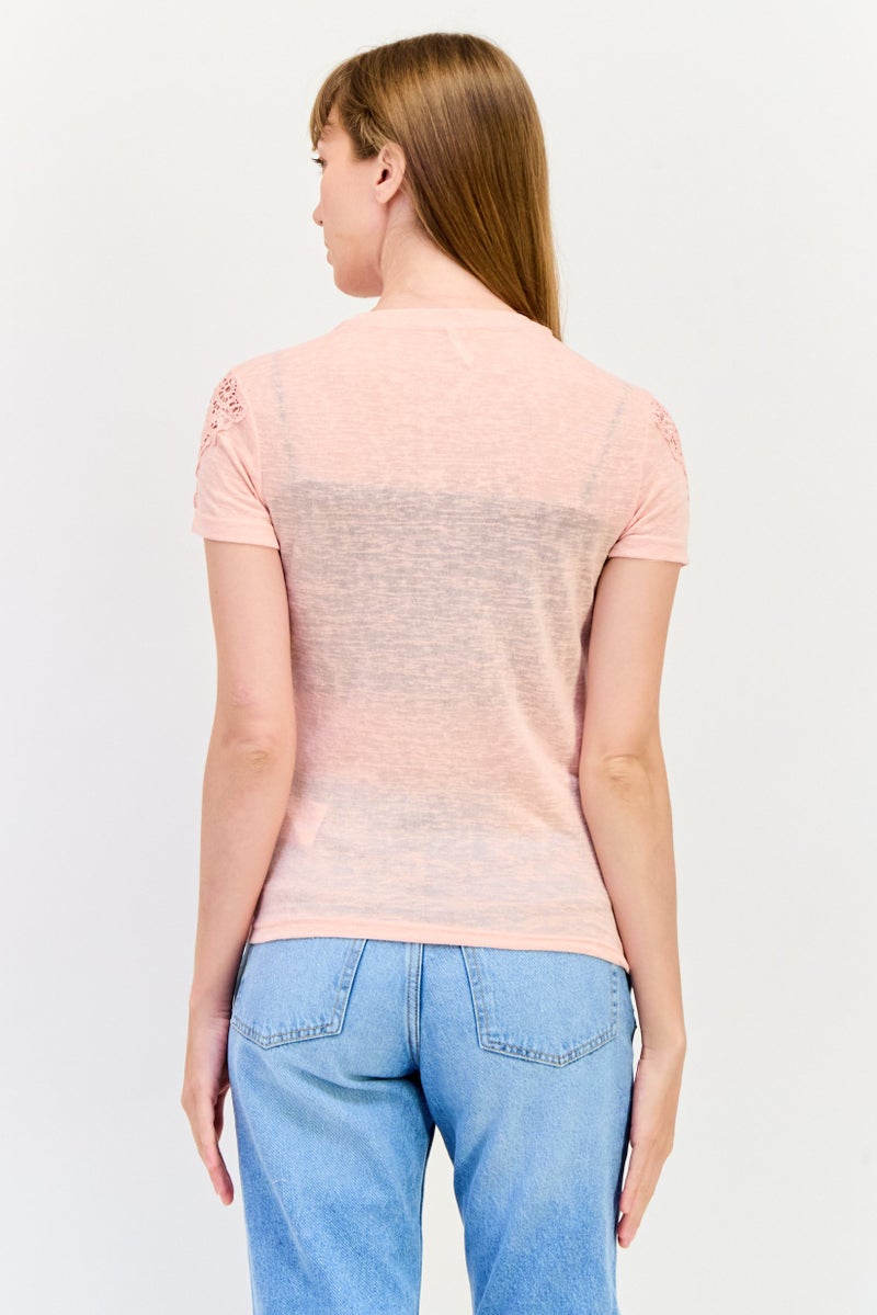 ONLY Women Round Neck Short Sleeves Eyelet Top, Peach - Image 2