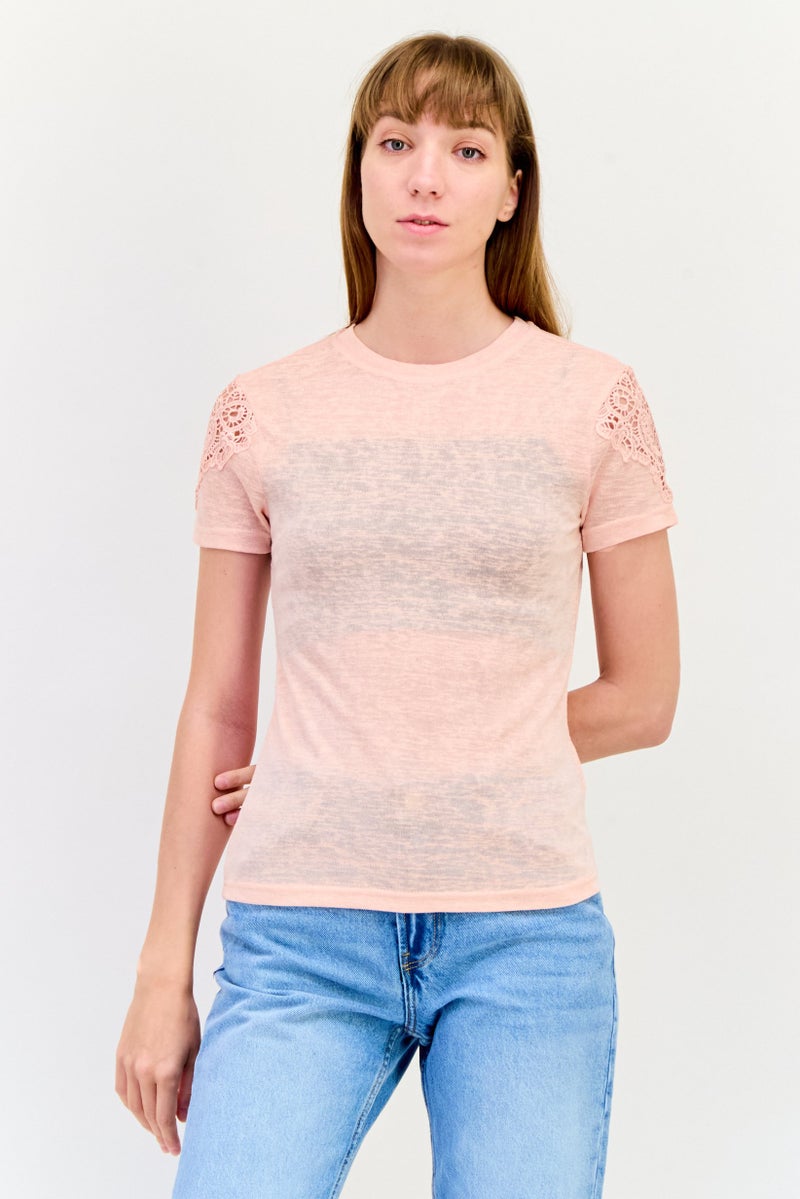 ONLY Women Round Neck Short Sleeves Eyelet Top, Peach - Image 1