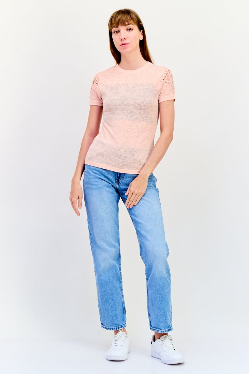 ONLY Women Round Neck Short Sleeves Eyelet Top, Peach - Image 3
