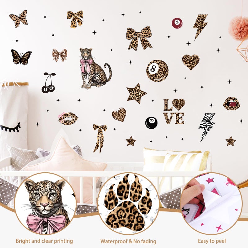 Wxiben Cheetah Print Wall Decals - 200 Pcs Leopard Print Walls Stickers Decor for Room Y2K Bow Star 8 Ball Peel and Stick Wall Decals for Home Bedroom Living Room Classroom Apartment Dorm - Image 3