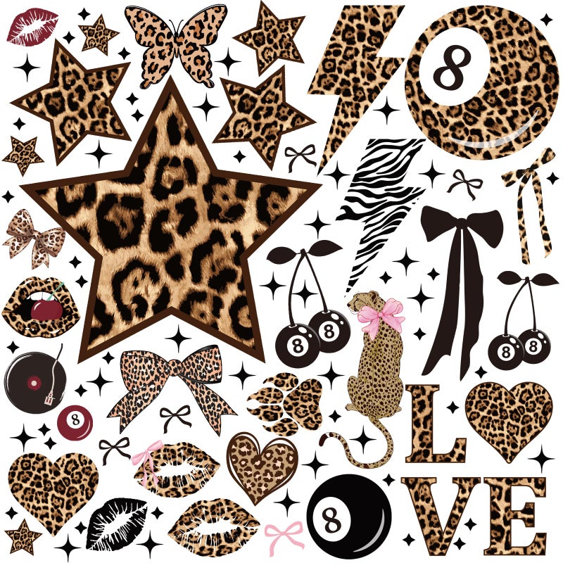 Wxiben Cheetah Print Wall Decals - 200 Pcs Leopard Print Walls Stickers Decor for Room Y2K Bow Star 8 Ball Peel and Stick Wall Decals for Home Bedroom Living Room Classroom Apartment Dorm - Image 1