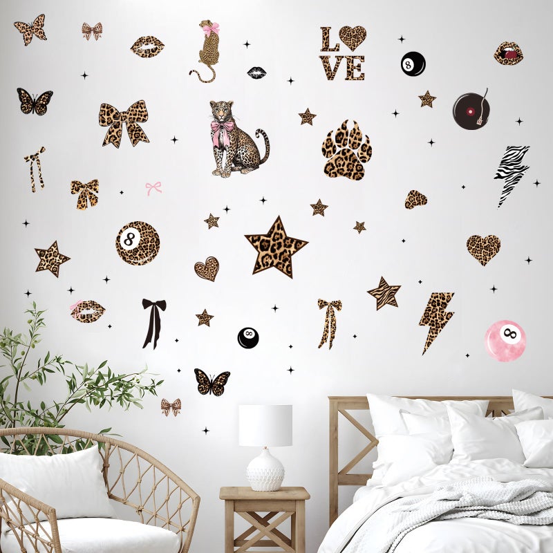 Wxiben Cheetah Print Wall Decals - 200 Pcs Leopard Print Walls Stickers Decor for Room Y2K Bow Star 8 Ball Peel and Stick Wall Decals for Home Bedroom Living Room Classroom Apartment Dorm - Image 5