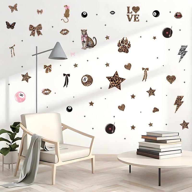 Wxiben Cheetah Print Wall Decals - 200 Pcs Leopard Print Walls Stickers Decor for Room Y2K Bow Star 8 Ball Peel and Stick Wall Decals for Home Bedroom Living Room Classroom Apartment Dorm - Image 4