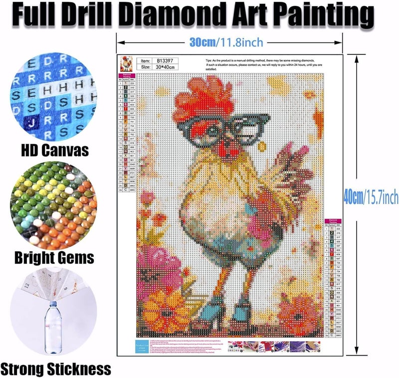Ekuxom Chicken Diamond Art Kits for Adults, Diamond Painting Kits for Adults, Full Drill Round Funny Diamond Painting Chicken Kits Wall Art Decor 12x16inch - Image 2