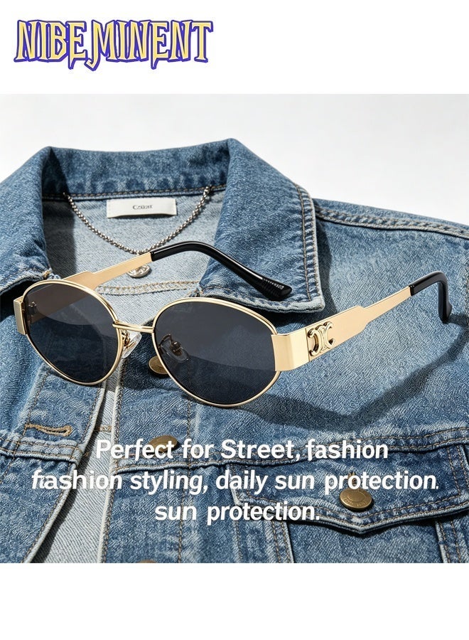 نيبمينينت نظارات شمسية قديمة بإطار معدني Aviator Oval Arc de Triomphe، نظارات شمسية نسائية/رجالية، نظارات شمسية قديمة مستديرة، أسلوب فاخر، أسلوب تيك توك الرائج، حماية من الأشعة فوق البنفسجية - Image 3